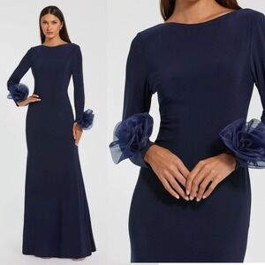 NWT Mac Duggal Navy‎ Long Sleeve Fitted Jersey Gown With 3D Flowers - Size Large